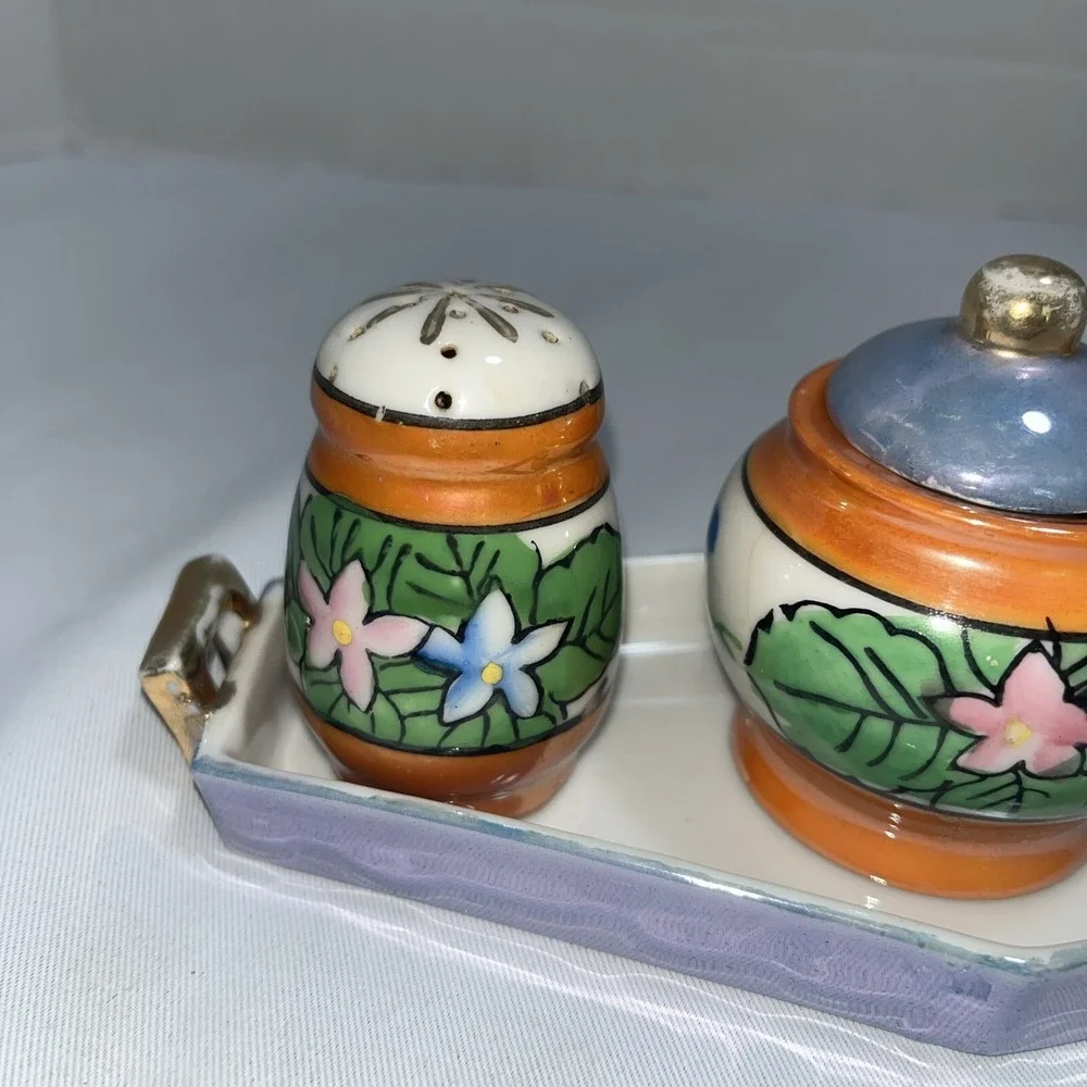 Vtg Lusterware Condiment Set Salt Pepper & Mustard Jar / Tray Hand Painted Japan